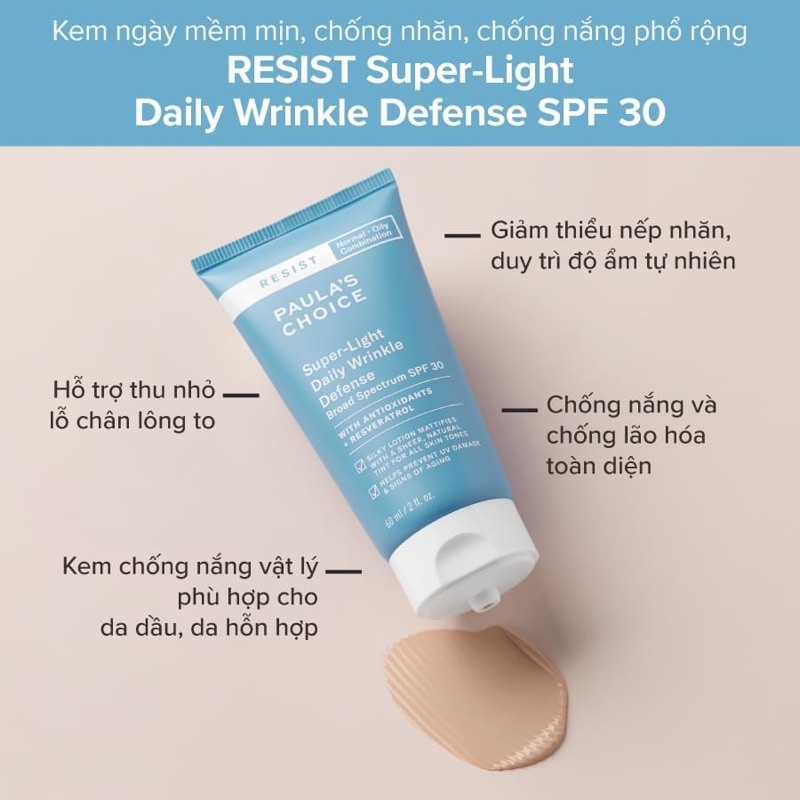Kem chống nắng vật lý cho da dầu mụn Resist Super-Light Daily Wrinkle Defense SPF 30 Paula's Choice