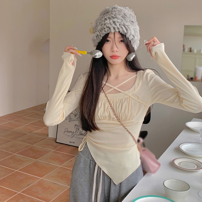 Áo Thun Tay Dài Cổ Vuông Màu Sắc Ngọt Ngào Thiết Kế Dây Rút Phong Cách Hàn Quốc Cho Nữ