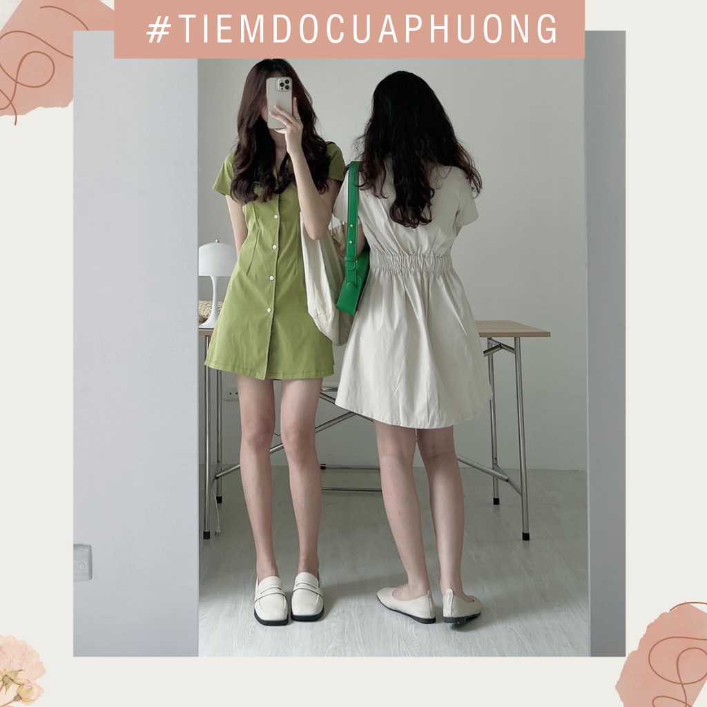 Váy/đầm sơ mi cổ vest dáng suông chất kaki mềm có chun lưng