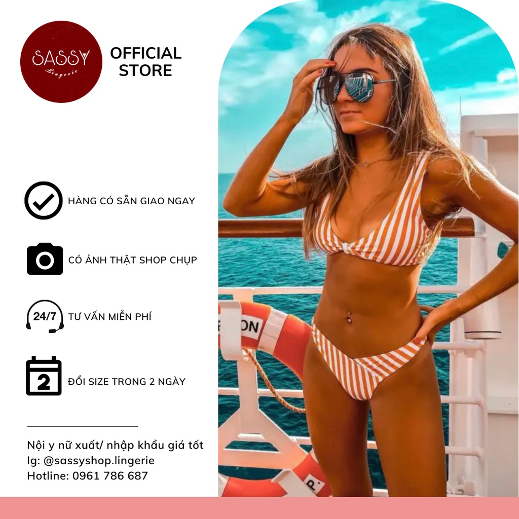 Bộ bơi nữ bikini 2 mảnh sọc vàng cổ điển cột ngực có mút sẵn kèm quần chữ V lưng cao đi biển ZAFUL