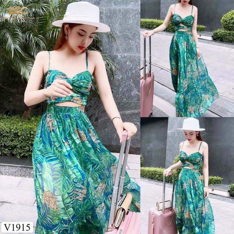 Đầm maxi hoa  2 dây có mút ngực tôn dáng
