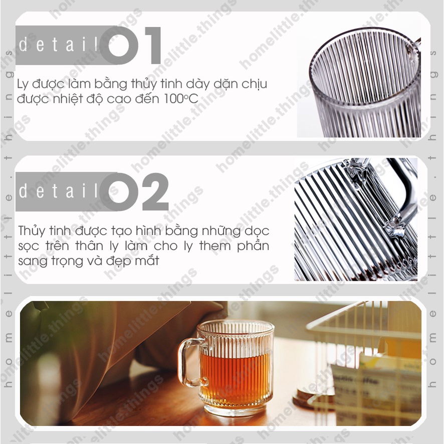 Ly, cốc thủy tinh uống nước & cà phê, kiểu dáng tròn có QUAI cầm vân sọc dọc sang trọng