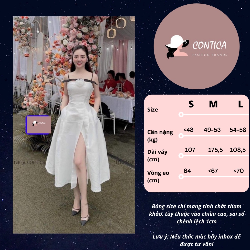 Váy 2 dây nữ thiết kế, Đầm tiểu thư xẻ tà đính hoa ngực dự tiệc sang chảnh | BigBuy360 - bigbuy360.vn