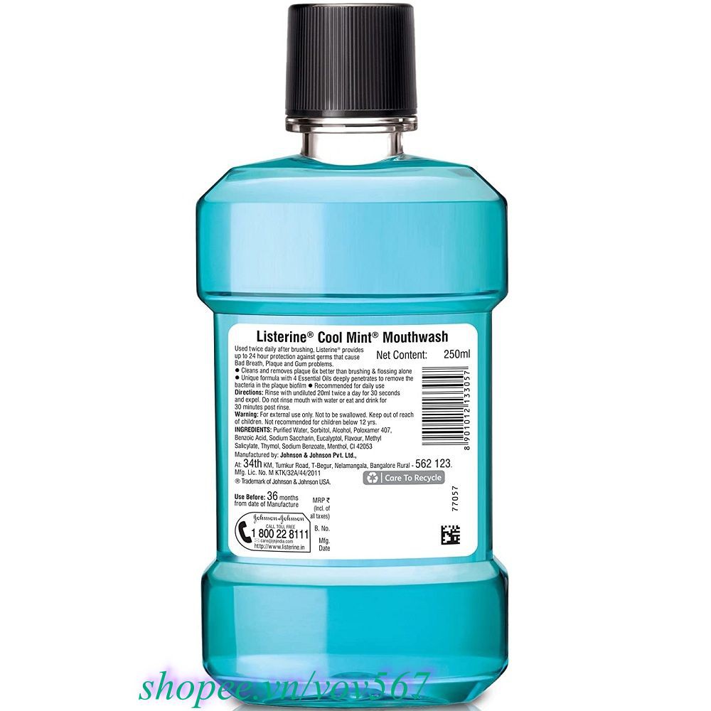 Nước Súc Miệng 250Ml Listerine Cool Mint Zero Alcohol, vov567 100% Là Hàng Chính Hãng.