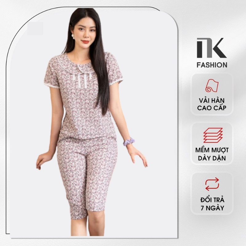 Bộ Đồ Mặc Nhà Nữ NK FASHION Dáng Lửng Hoa Cổ Sen Chất Liệu Vải Nhập Hàn Cao Cấp, Thoáng Mát NKBD2202003