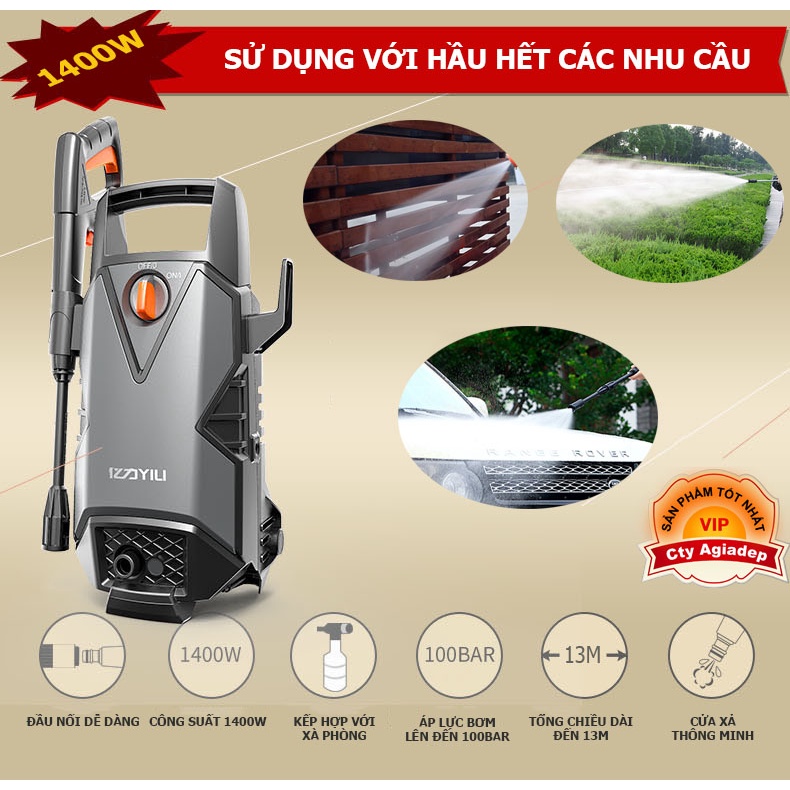 Bơm Áp Lực Siêu Tăng Áp 1400W-100BAR rửa xe ô tô, xe máy, rửa sân Agiadep