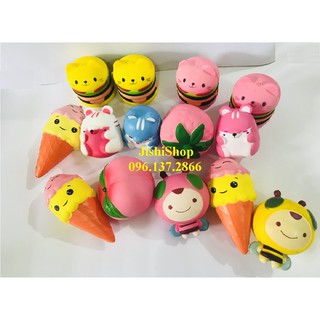 Combo squishy dâu tây, hộp sữa, gato, hambuger, cừu, kem