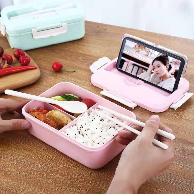 Hộp Đựng Cơm Văn Phòng 3 Ngăn Lúa Mạch, Tiện Lợi, An Toàn Tặng Kèm Thìa Và Đũa có giá đỡ điện thoại