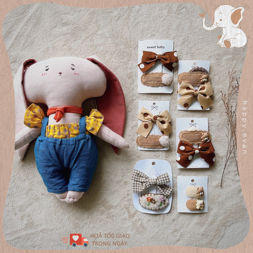 🅷.🄴🅅🄰🄽 Set 2 chiếc kẹp tóc nơ buộc tóc cho bé gái, bọc nỉ êm ái, phong cách Hàn Quốc, tông màu ấm áp.