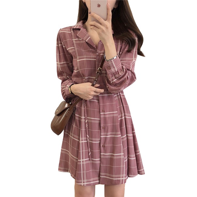 Đầm tay dài sọc ca rô cổ bẻ cá tính thời trang | BigBuy360 - bigbuy360.vn