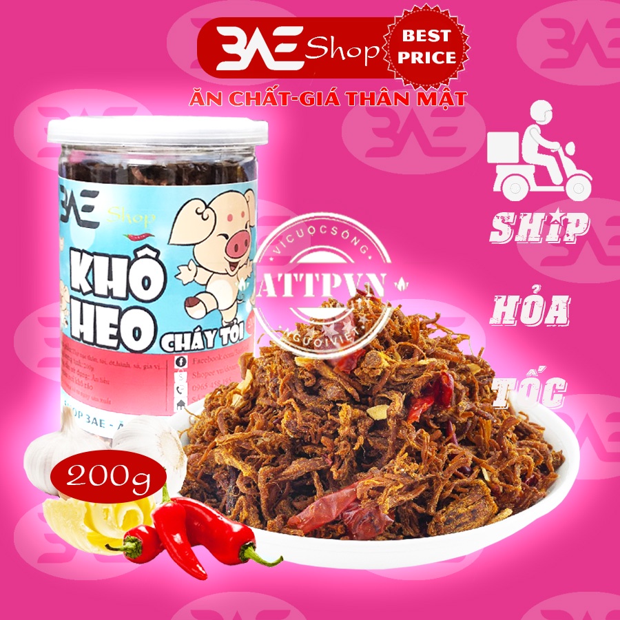 Khô heo cháy tỏi, thịt lợn xé sợi cay hộp 200g shop 3AE đồ ăn vặt ngon bổ rẻ Hà Nội
