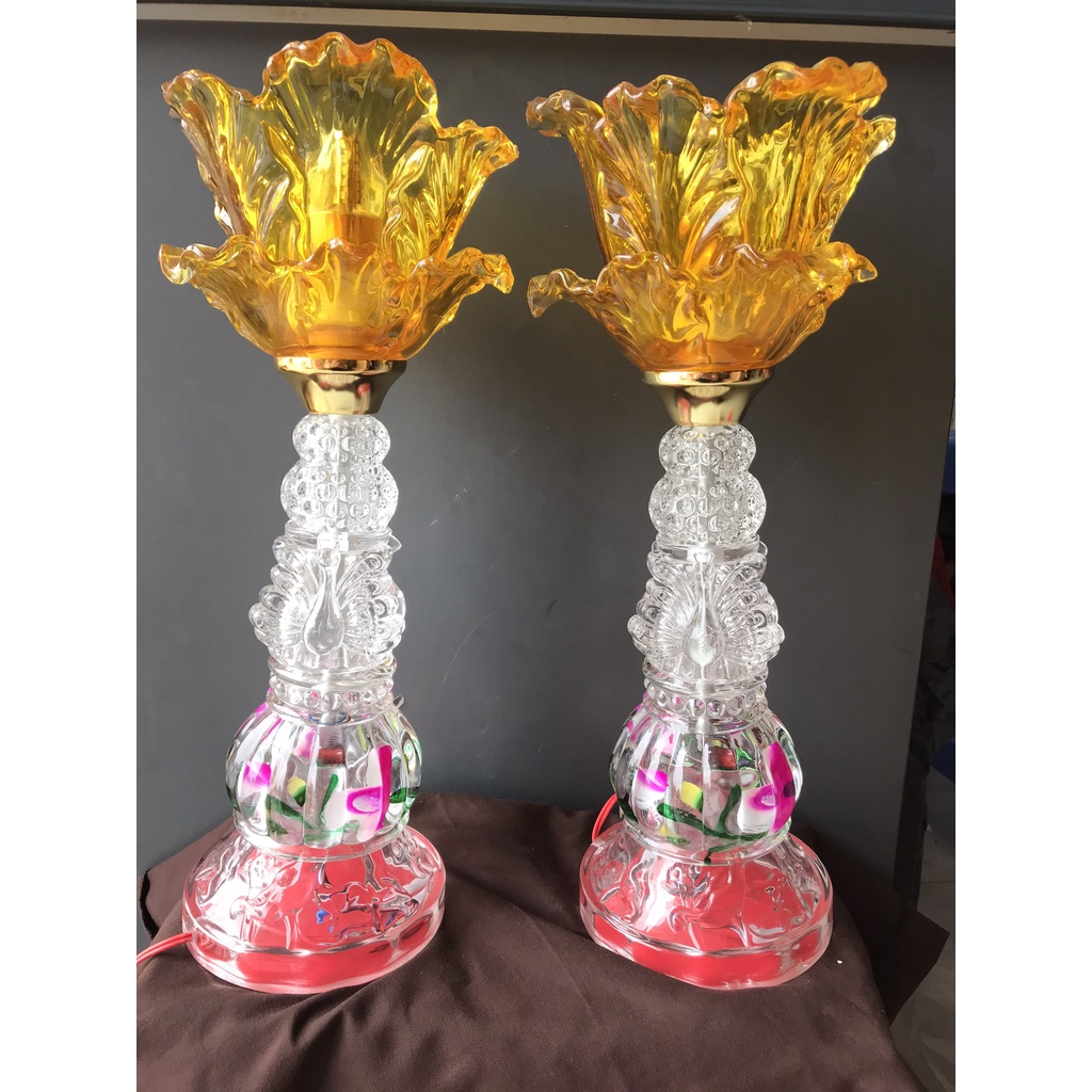 1 đôi Đèn thờ cúng pha lê, Đèn trang trí bàn thờ LED hoa sen 1 bông cao 40cm