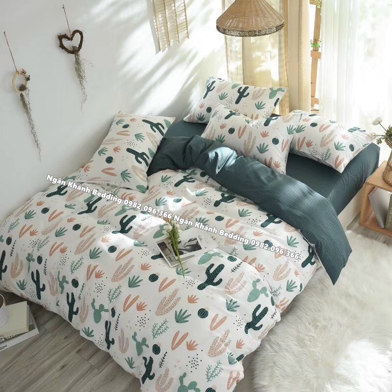 Bộ chăn ga gối ga giường cotton living Hàn Quốc mẫu xương rồng xanh - Ngân Khánh Bedding drap giường