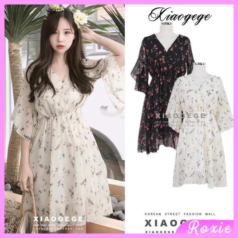 [Mã FAMAYWA giảm 10K đơn 50K] Váy hoa nhí dáng xòe, Đầm vintage tay lỡ chất voan phong cách tiểu thư Hàn Quốc - Roxie