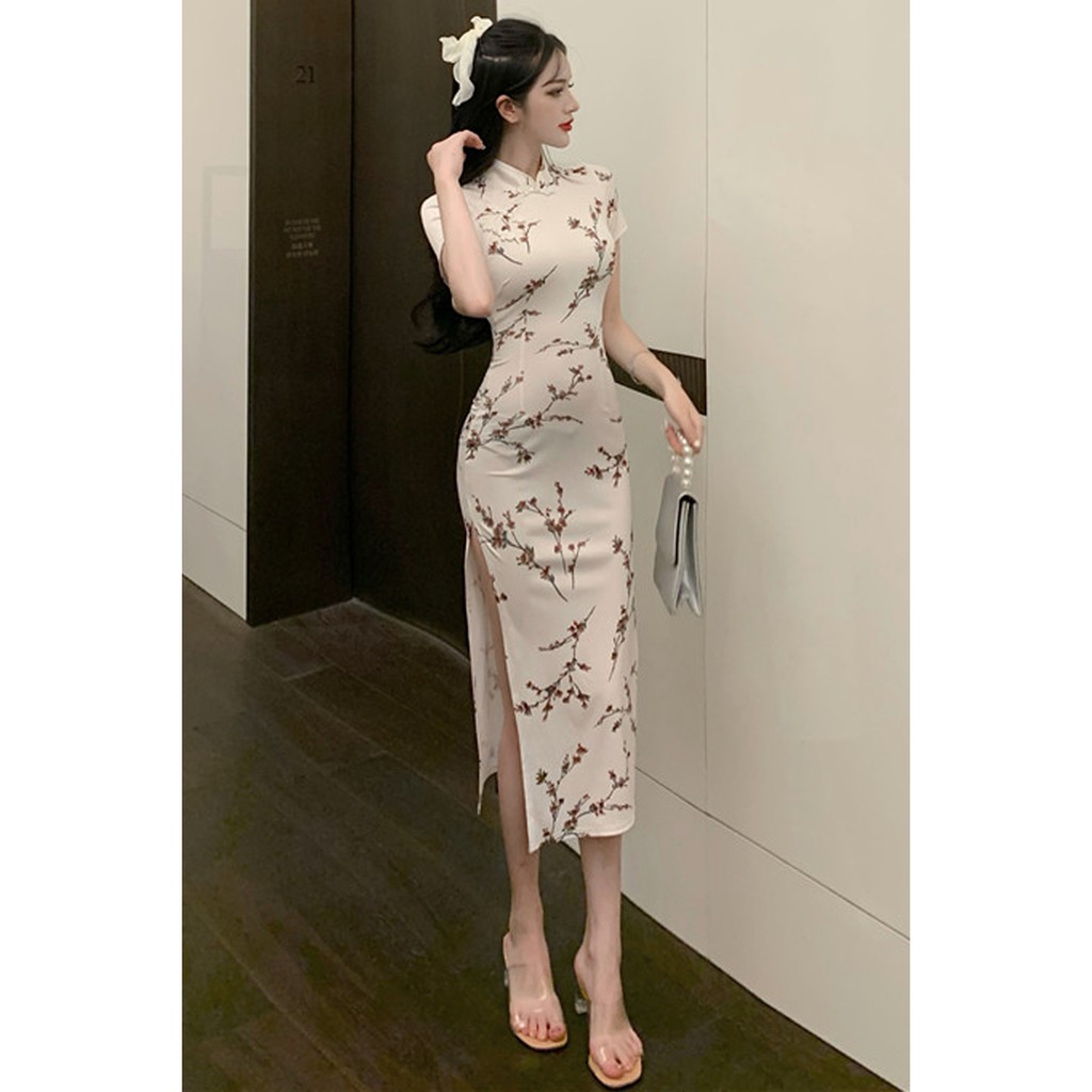 JANE Sườn xám cách tân thượng Hải hoa nhí phong cách Vintage HÀNG QUẢNG CHÂU J0044 CHẤT ĐẸP kèm ảnh cận chất