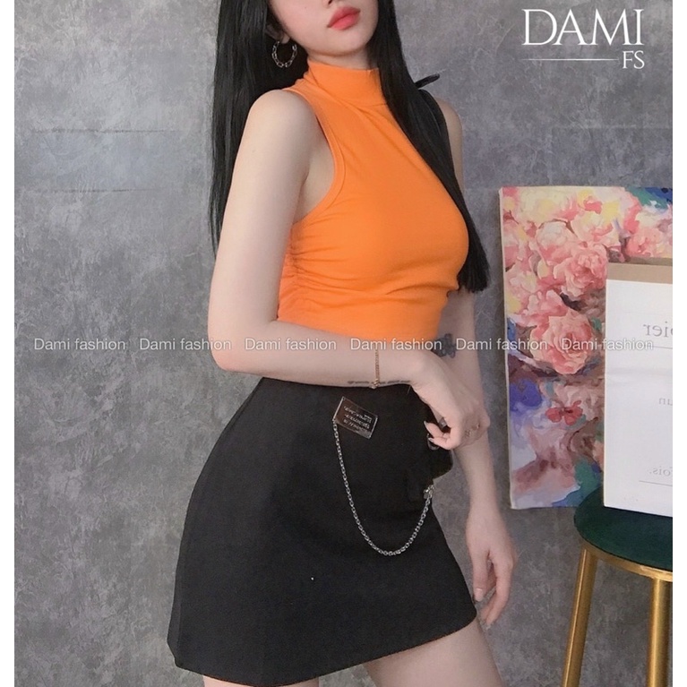 Áo ba lỗ cổ cao form croptop dây rút sườn