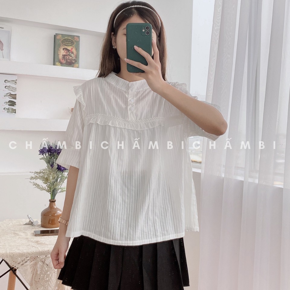 Áo Kiểu Cộc Tay Cổ Tàu Ba Cúc Ngực Viền Bèo Dáng Babydoll Siêu Đáng Yêu Freesize<52Kg -  A.185 | BigBuy360 - bigbuy360.vn