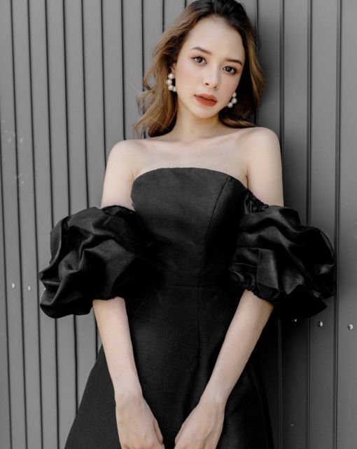 ✨QUẢNG CHÂU✨ Đầm dự tiệc cúp ngực tay phồng xinh xắn 🔥FREESHIP🔥 lady xanh cotton cổ V vuông tay phồng chiết eo cao dán