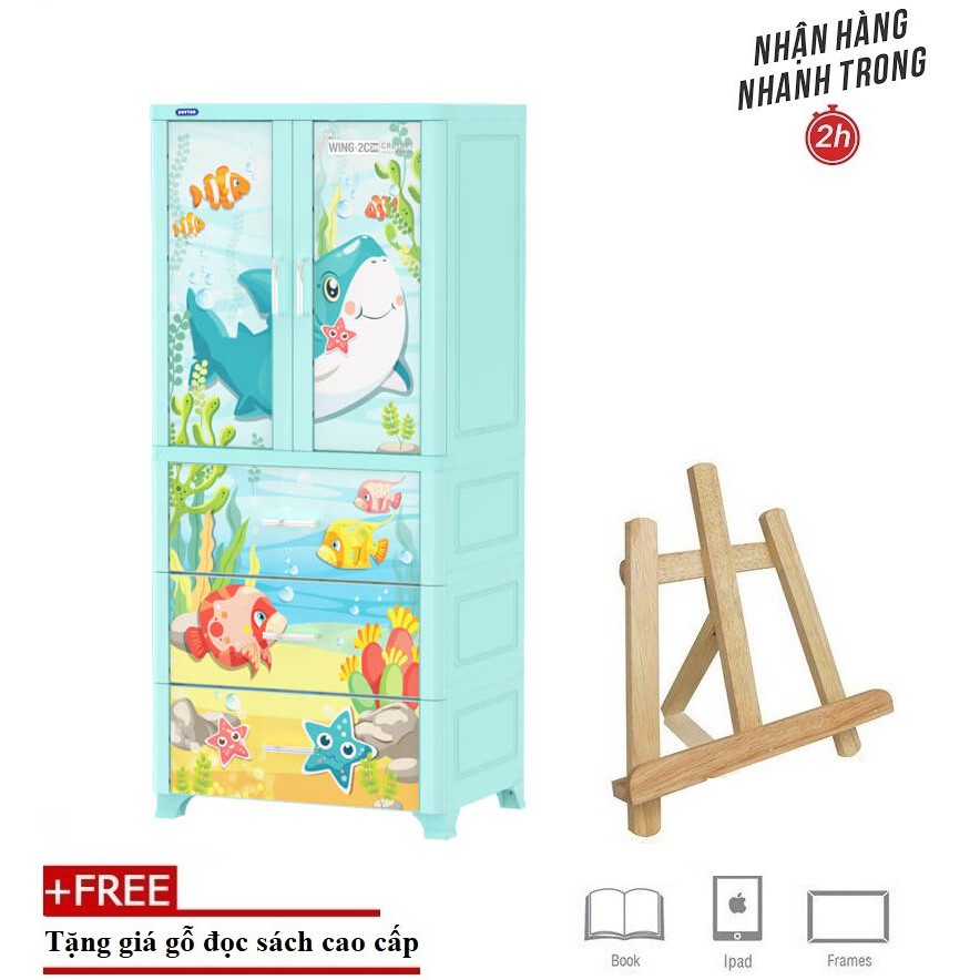 Tủ Nhựa Treo Quần Áo Duy Tân WING-2C-3N 70 X 50 X 160 Cm (Xanh Dương)-TẶNG KÈM 1 GIÁ GỖ ĐỌC SÁCH, IPAD