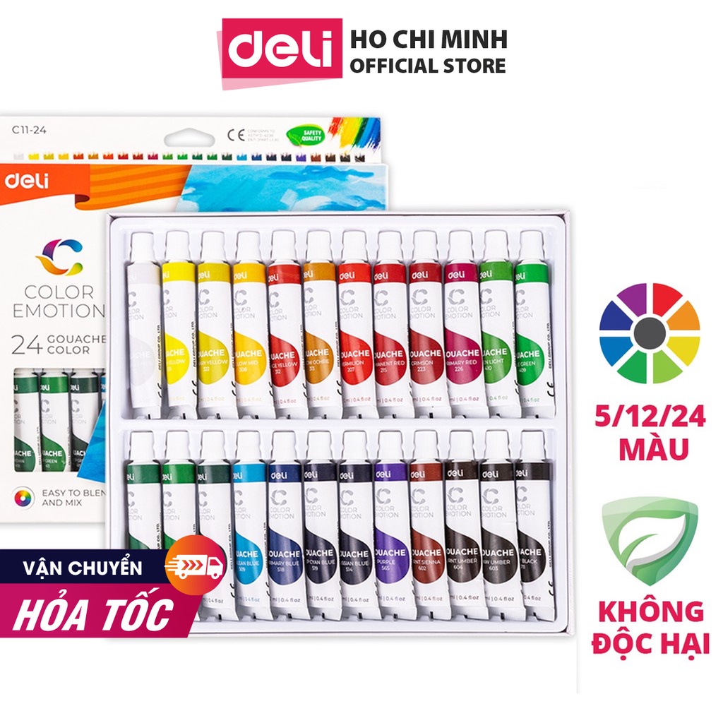 Màu nước pha keo Gouache dạng tuýp 12ml Deli - màu bột vẽ tranh - phù hợp với vẽ cơ bản- 5/12/24 màu - 1 hộp - EC11