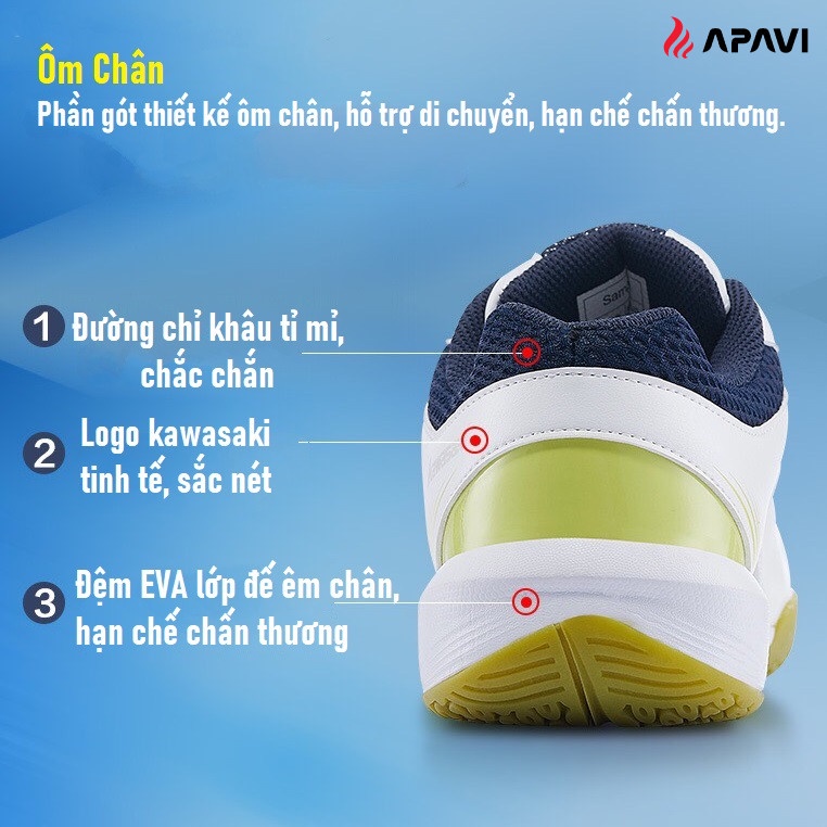 Giày cầu lông Kawasaki K176 da PU bóng dễ lau chùi, vải thoáng khí, Cushion giảm chấn