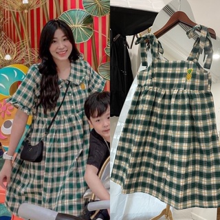 Váy baby doll kẻ caro xanh có hình trái dứa siêu dễ thương