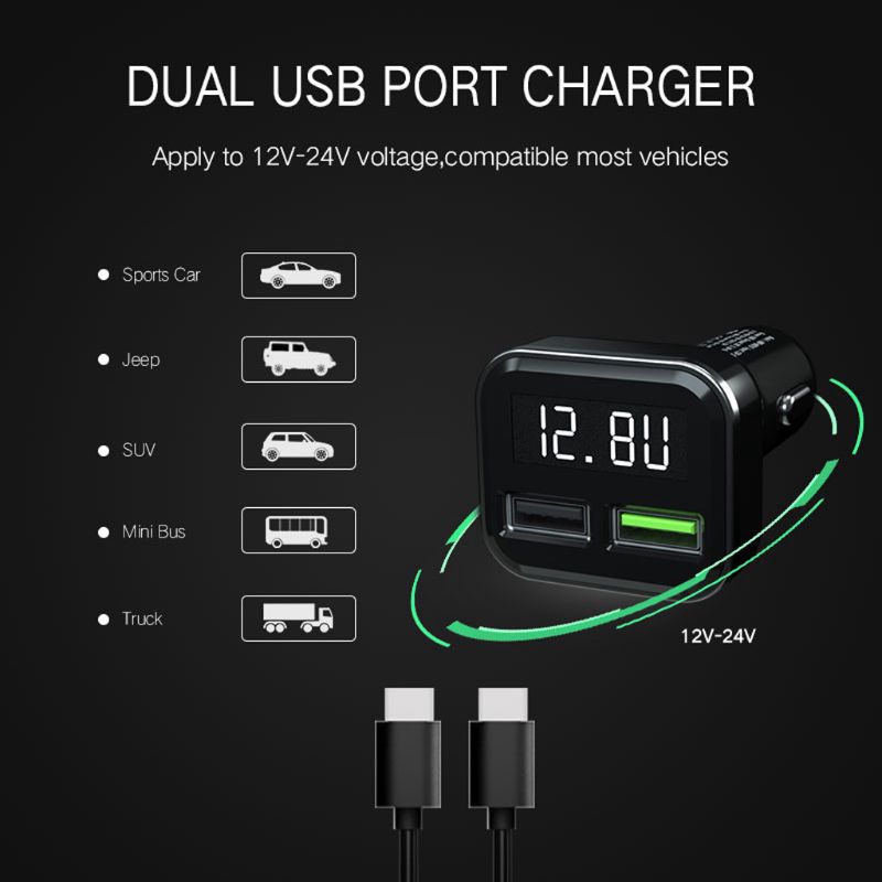 QUU* Quick Charge 3.0 Dual USB Car Charger LED Voltage Current Display For iPhone HTC