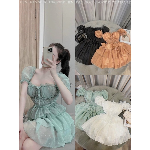 RẺ VÔ ĐỊCH Đầm Xoè Lưới Chấm Bi Cúp Ngực Nổi Cục Bông Tay Phồng Tầng