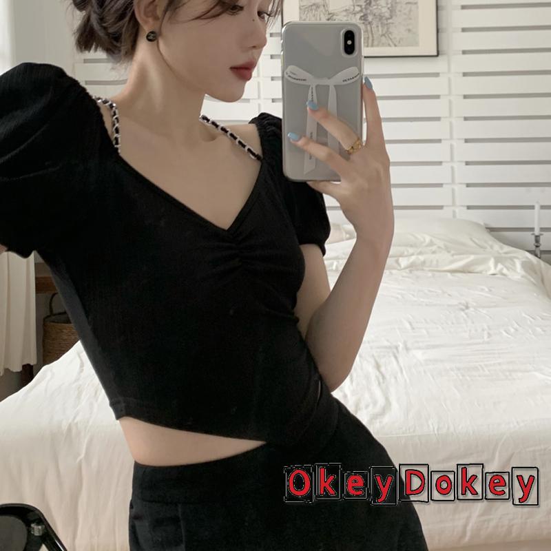 OKDK-Women´s Halter Crop Tops Short Sleeve Solid Color Back Hollow Out Slim Fit T-Shirts