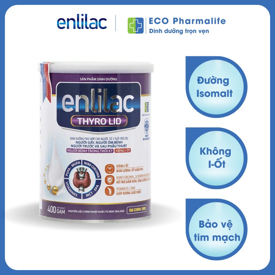 Sữa bột Enlilac Thyro LID- 400gr, dinh dưỡng chuyên biệt cho chế độ kiêng Iod, phòng ngừa biến chứng tim mạch