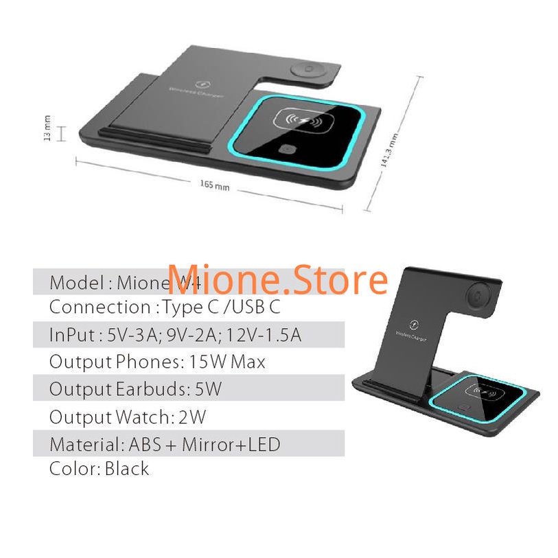 Đế sạc nhanh không dây mione 15W 4 trong 1 thiết kế 3 trong 1 tích hợp đế sạc điện thoại và đồng hồ
