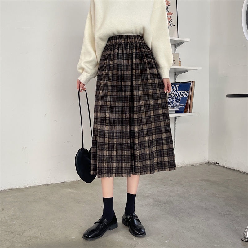 Chân Váy midi Dáng Rộng Họa Tiết Kẻ Sọc Phong Cách Hàn Quốc Cổ Điển Thời Trang Mùa Thu Mới