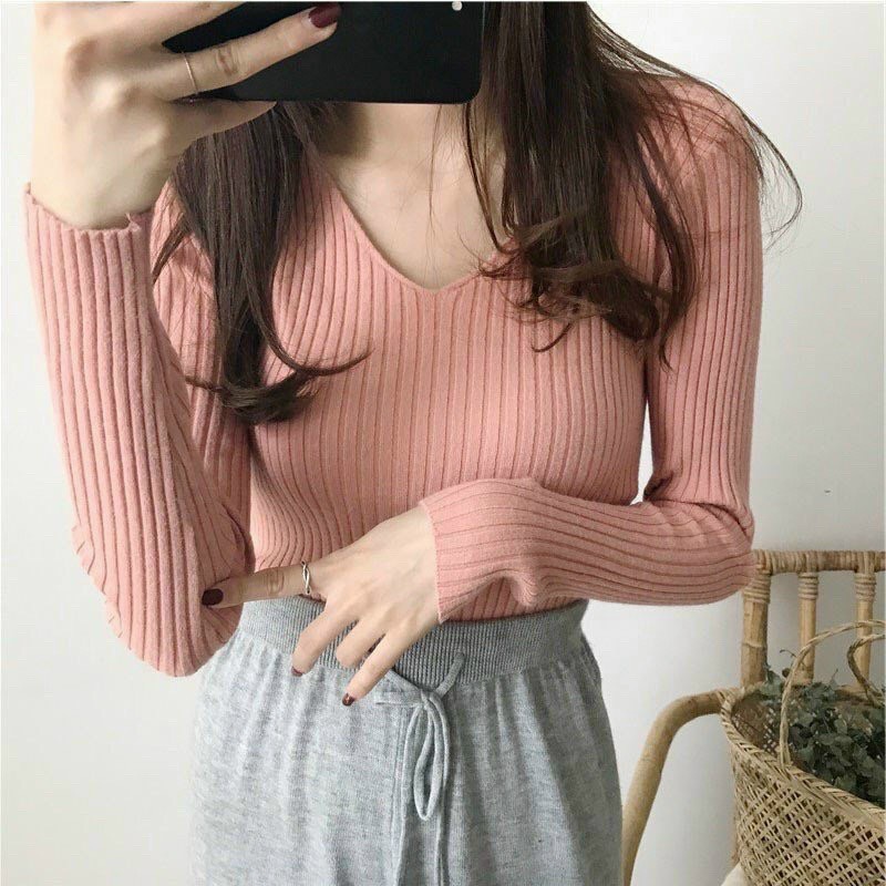 Áo Len Nữ cổ tim tay dài from áo ôm body nhiều màu