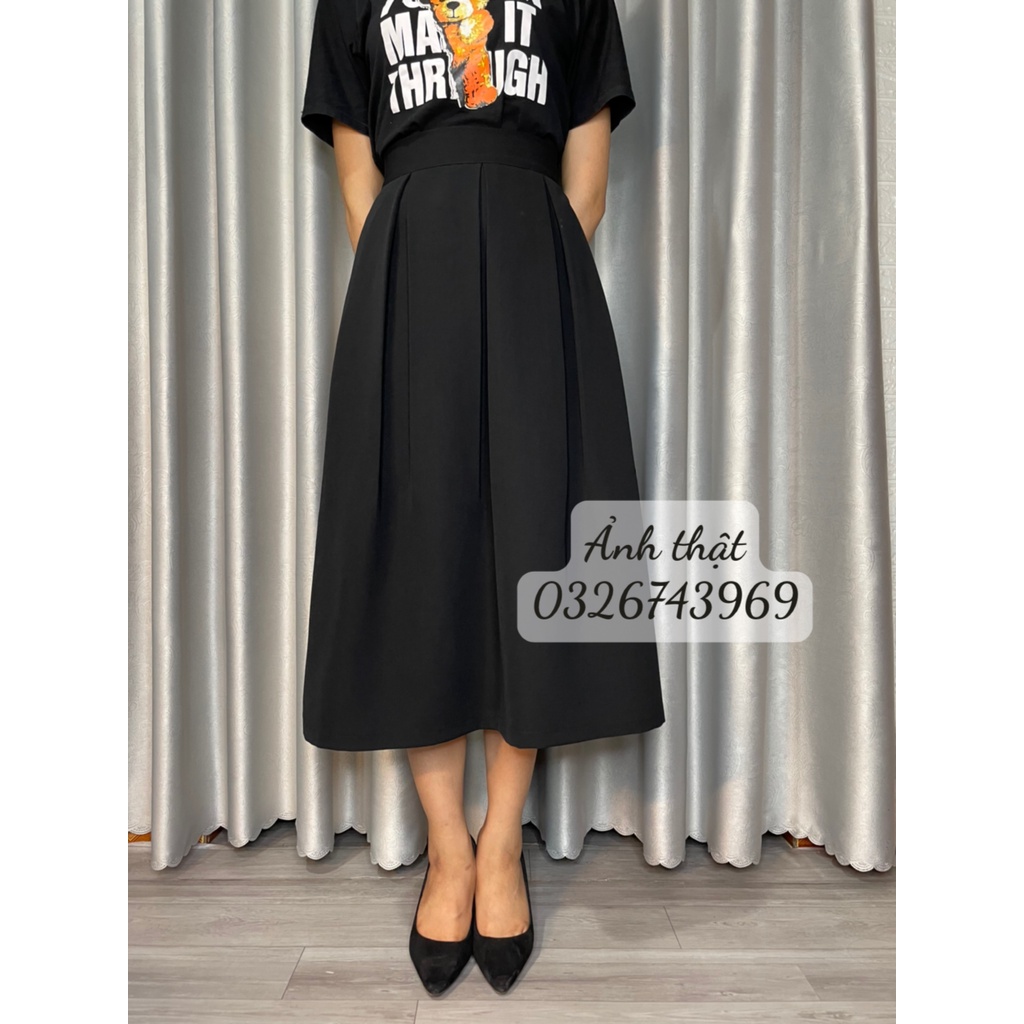 Chân váy midi xếp li dáng dài công sở có túi 2 bên dài 78cm