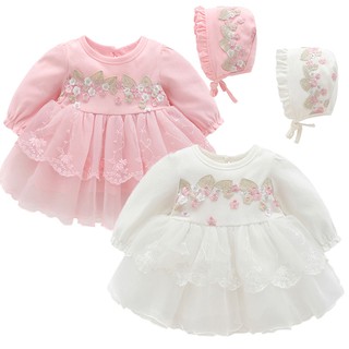 Set váy body hồng trắng thêu hoa cho bé gái kèm mũ baby