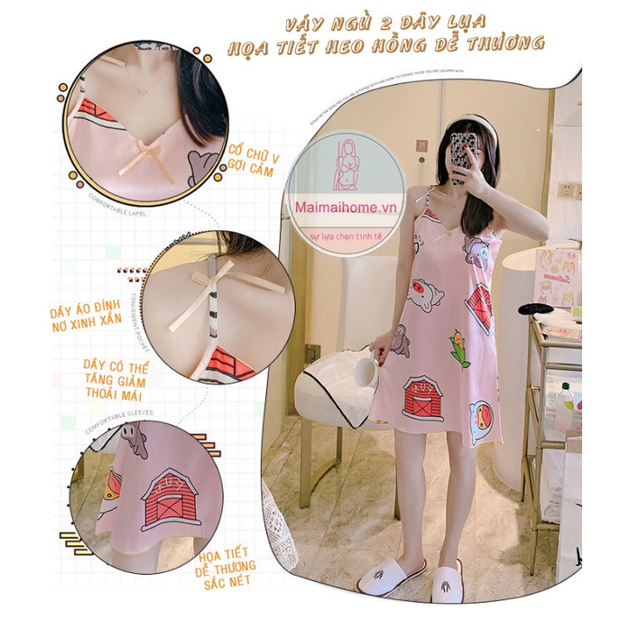 VÁY NGỦ 2 DÂY HEO HỒNG LỤA SATIN [Maimaihome]