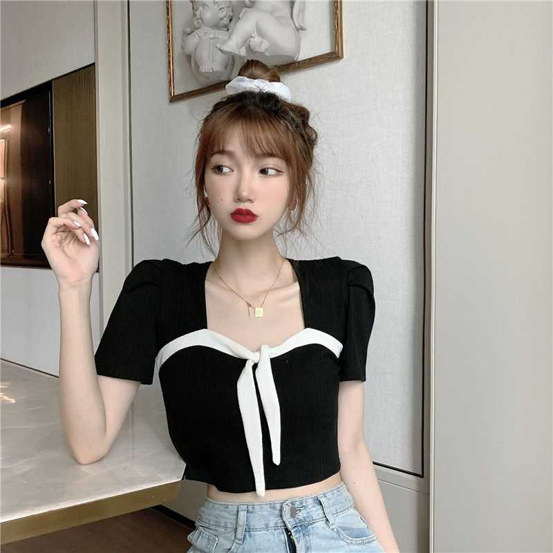 Áo Croptop Tay NGắn Phối Màu Tương Phản Năng Động Cho Nữ