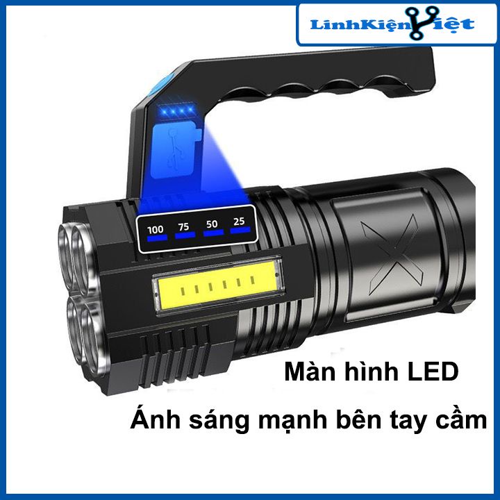 Đèn pin 4 bóng led COB sạc USB tay cầm kiểu mới dùng trong nóng nghiệp, chiếu sáng, cắm trại