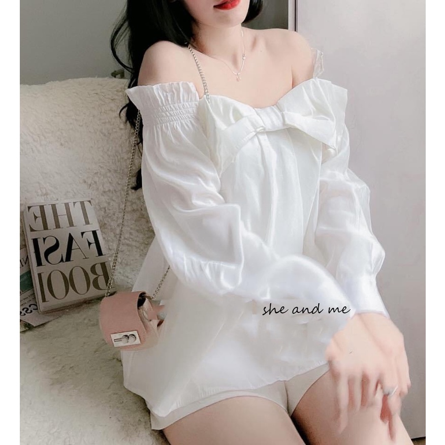 (SALE TẬN GỐC) Sét Áo Trễ Vai Thắt Nơ Bo Chun Tay Áo Kèm Quần Short Cạp Chun Siêu Đẹp Ảnh Thật Tự Chụp