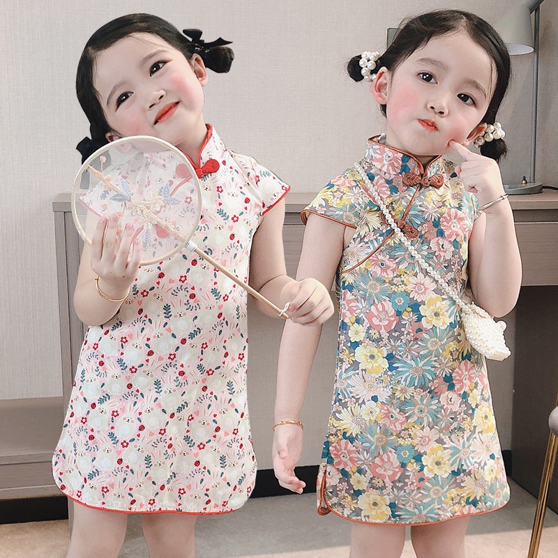 Đầm Sườn Xám Tay Ngắn Bằng Cotton Nguyên Chất Họa Tiết Hoa Dễ Thương Phong Cách Trung Hoa Cổ Điển Dành Cho Bé Gái 95-155cm