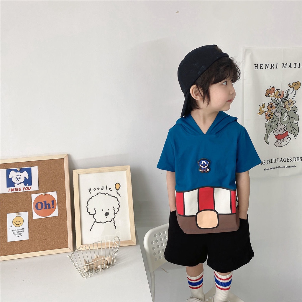 Áo Thun Ngắn Tay Có Mũ Trùm Đầu Họa Tiết Người Nhện Marvel Thời Trang Mùa Hè Cho Bé Trai