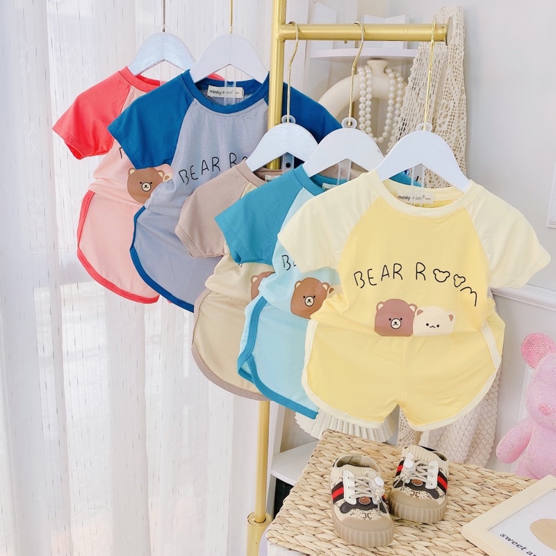 Bộ cộc thun lạnh phối màu hình gấu Minky mom bé trai/bé gái (7-16,5kg)