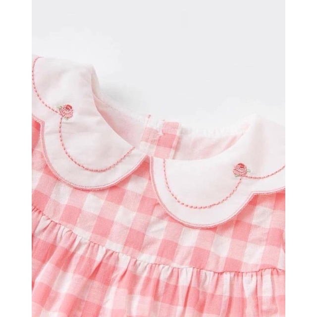 Váy babydoll caro hồng hoạ tiết thêu hoa 3D cực xjnh cho bé gái