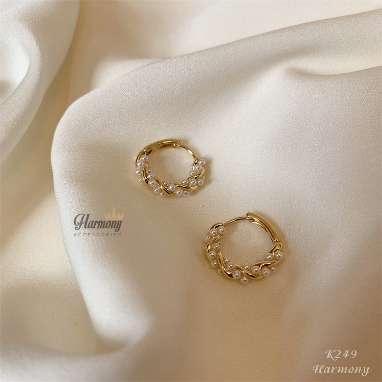 Khuyên tai tròn ngọc trai nhân tạo chất liệu bạc 2 màu bạc vàng chuỗi hạt | HARMONY ACCESSORIES K249
