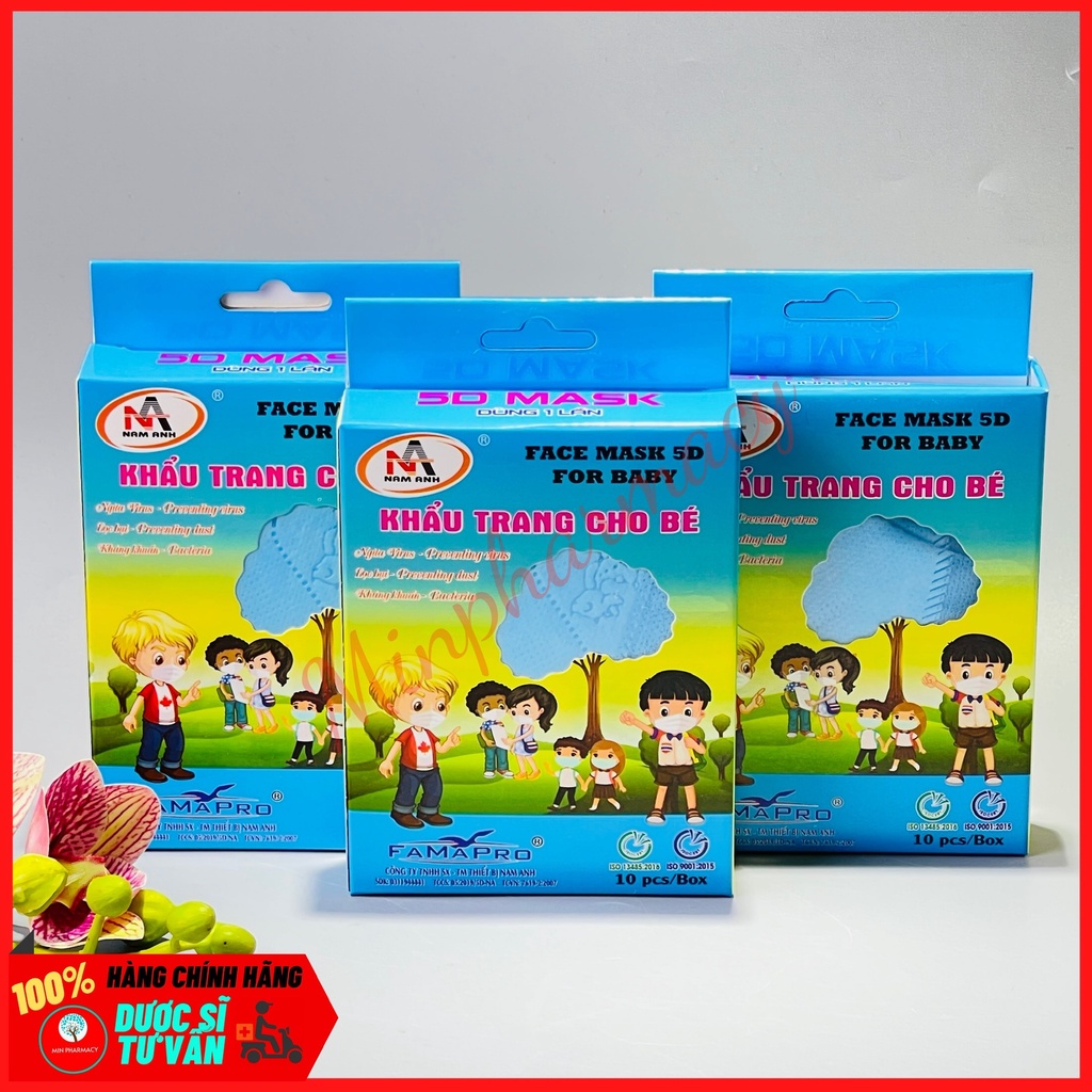 Khẩu trang FAMAPRO Nam Anh trẻ em 5D kid mask kháng khuẩn cho bé từ 1-6 tuổi (hộp 10 cái) - Minpharmacy