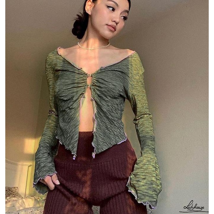 Áo Croptop Tay Dài Cổ Chữ V Có Khóa Cài Trước Gợi Cảm Cho Nữ