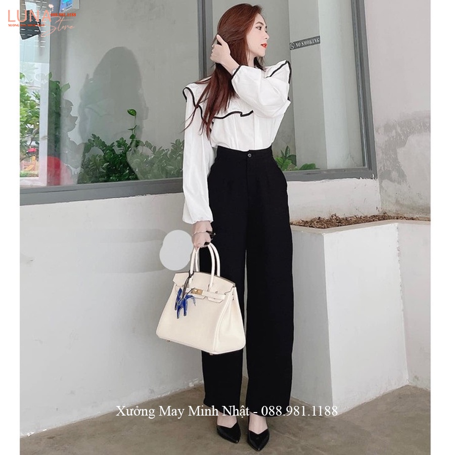 Quần ống rộng lưng cao đi học làm công sở khóa trước màu Đen dáng quần tây ống rộng cạp cao vải tuyết mưa dày dặn mềm