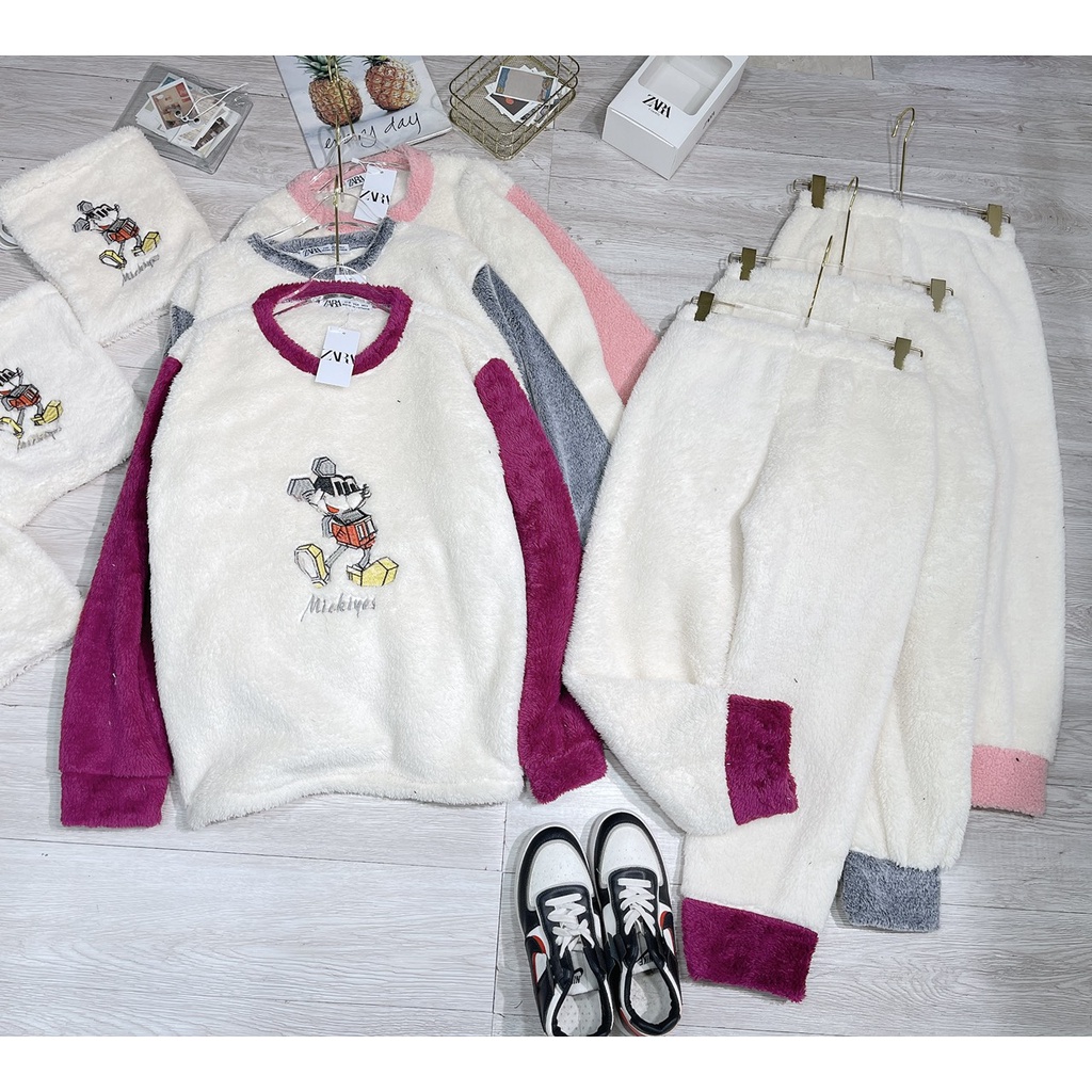 Bộ mặc nhà nữ, bộ ngủ nữ hình chuột Mickey lông 2 mặt kèm túi đựng xinh xắn 2 màu
