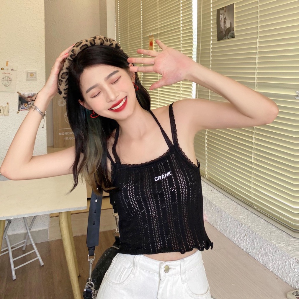 Áo croptop 2 dây ren ôm body thêu chữ CRANK chất liệu dệt kim cao cấp -ACN26 nội y xanh chất cực đẹp, sang chảnh, đồ lót