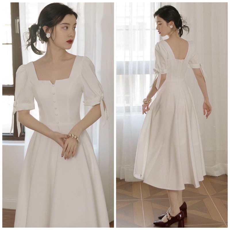 Đầm vintage công chúa trắng cổ khoá nút bọc dáng xoè dài (kèm hình thật)